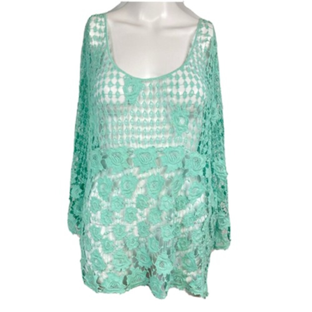 Fever Sweater Womens M Aqua Green Cotton Crochet Open Knit Lace Sheer Pullover